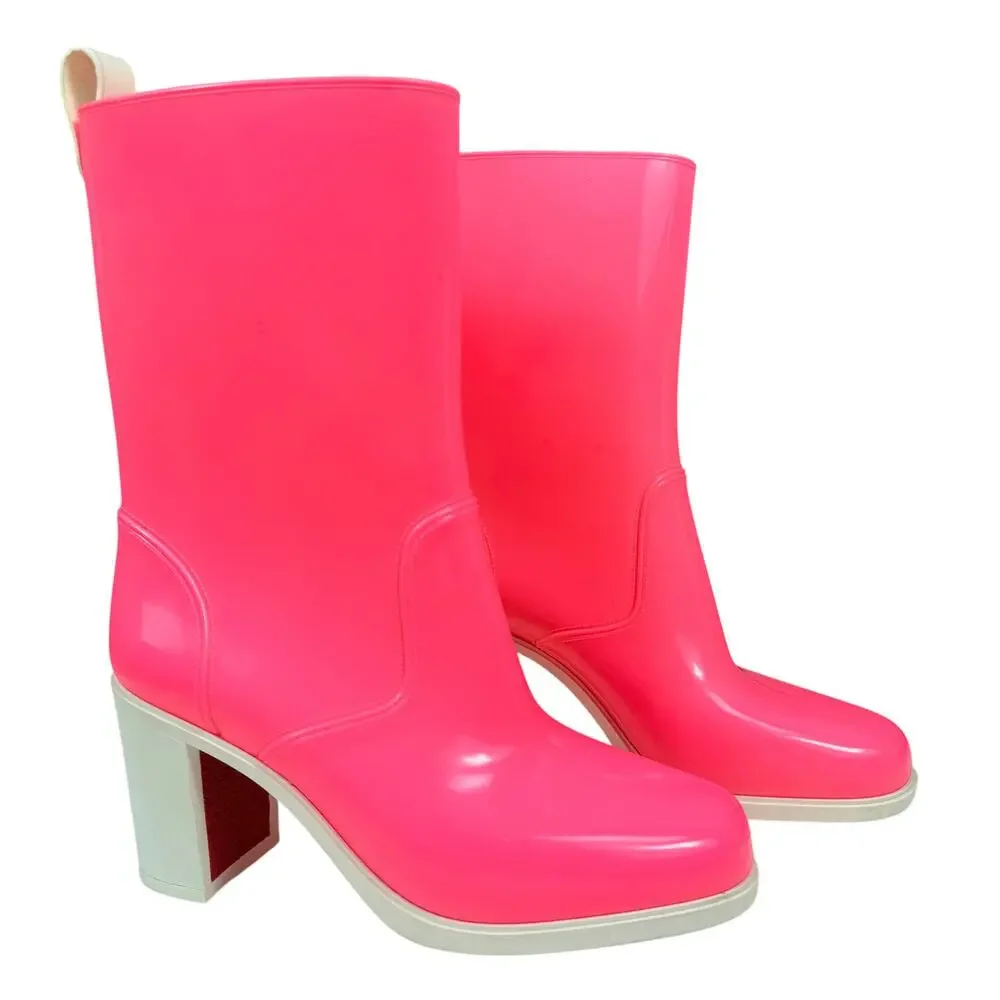 Christian Louboutin Loubirain Rubber Pvc Heeled Rain Boots Pink Size 37